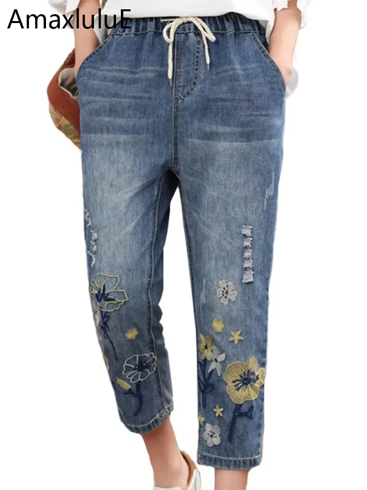 AmaxluluE 2025 Chinese Summer Fashion Ladies Vintage Embroidery Jeans Women Casual Floral Denim Trousers Ripped Harem Pantalons