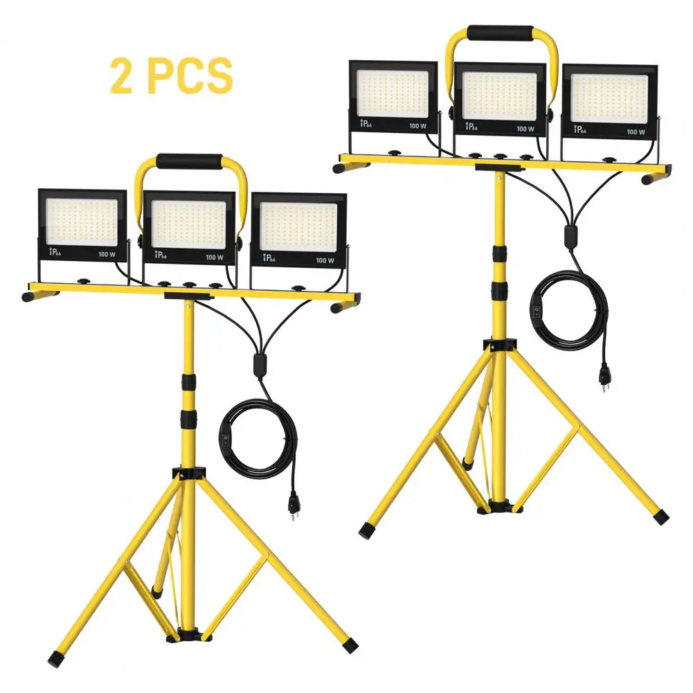 2Pcs 21000Lumen LED Work Light with Stand, 3 Head Portable Work Light with Telescoping Tripod, IP66 Waterproof Construction Ligh