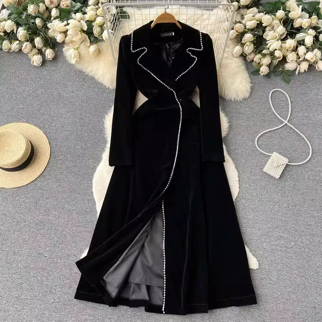 Black velvet trench coat clearance