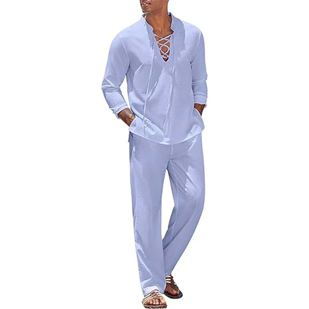 2pcs Set Men\'s Cotton Linen Shirt and Pants Suits for Men Beach Wear Tracksuit Solid Color Shirts Sweatpants Hawaiian Vacation