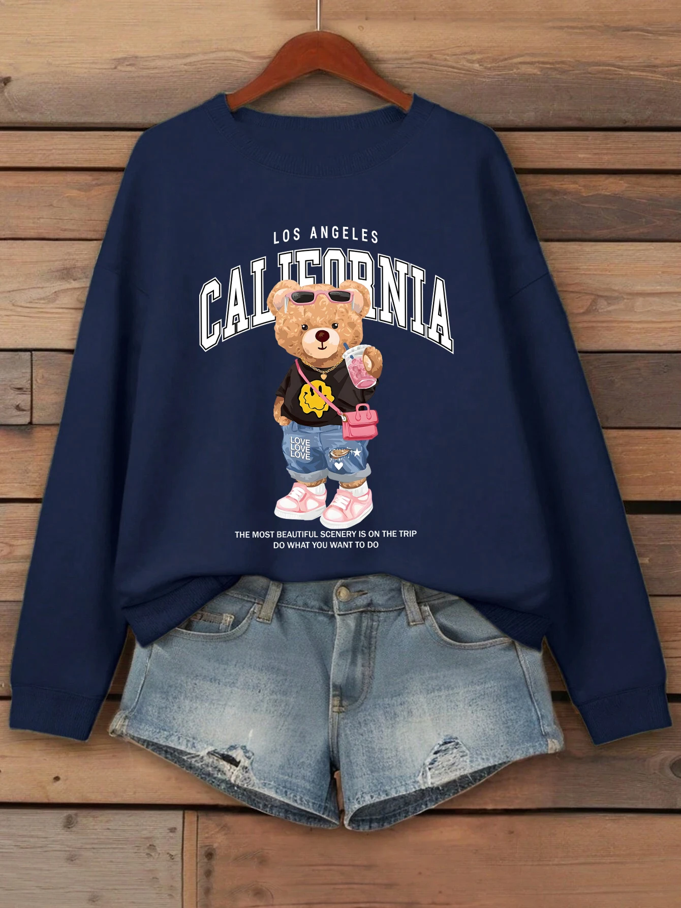 Jersey con estampado de té de la leche para mujer, ropa informal suelta con cuello redondo, ropa informal de otoño, sudadera que combina con todo de lana