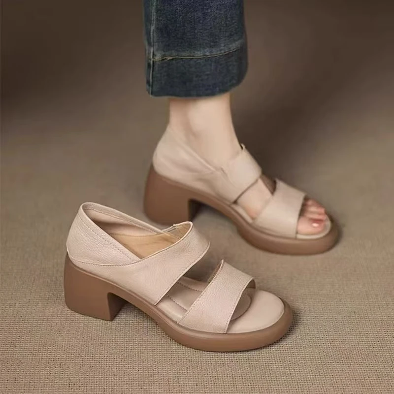 

Women's Summer New Leather Peep Toe High Heel Sandals Thick Sole Non Slip Block Heel Slip On Dual Purpose Modern Sandals Slipper