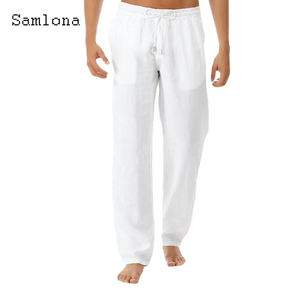 

2024 Europe Style Leisure Beach Cotton Linen Pants Solid White Stand Pocket Trouser Plus Size Mens Casual Drawstring Sweatpants