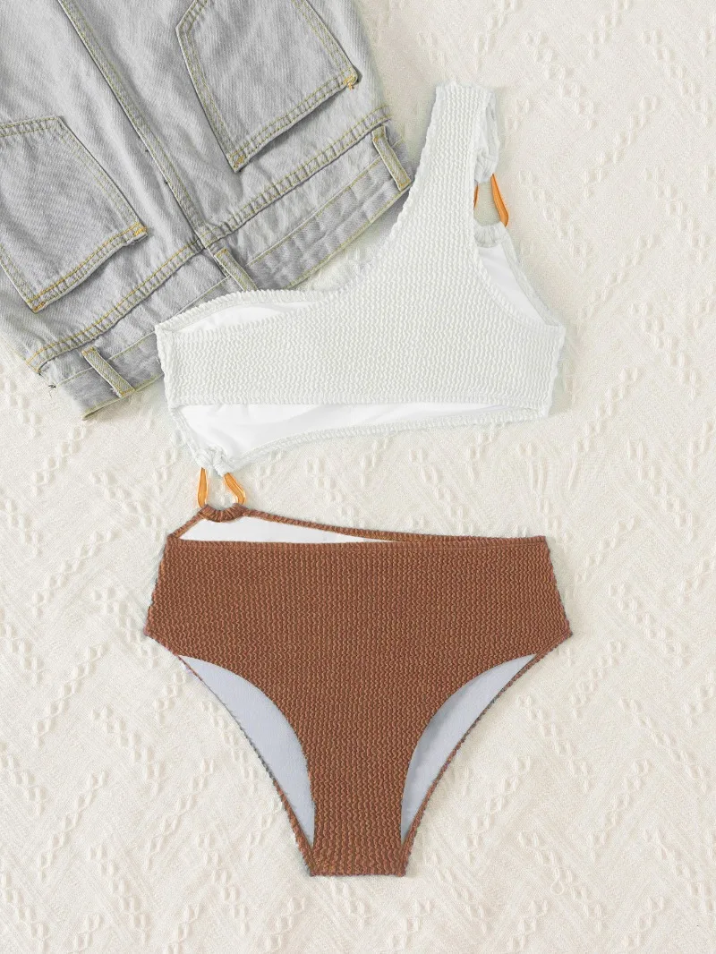 2025 جديد المرأة واحدة الكتف مجموعة البكيني حلقة معدنية كتلة اللون قطعة واحدة مثير زي سباحة من قطعتين لقضاء عطلة الشاطئ وحفلات حمام السباحة #6