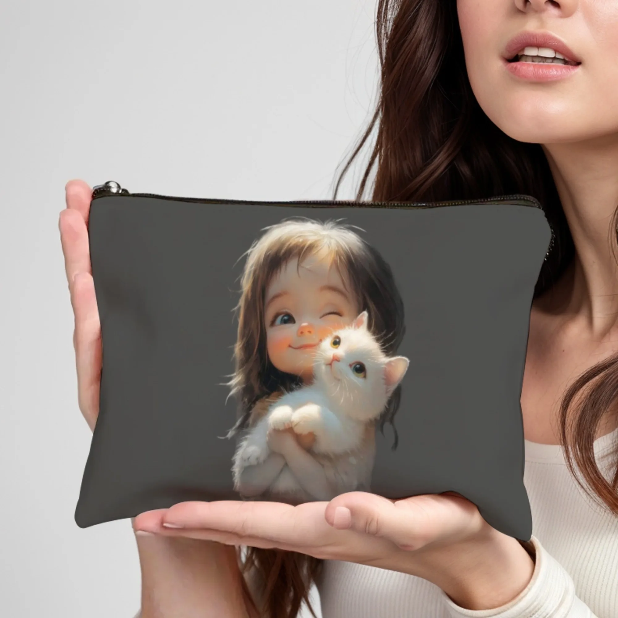 

White Cat, Sunny girl makeup bag lightweight portable cosmetic case with zipper closure ideal for women Birthday Christmas Gifts