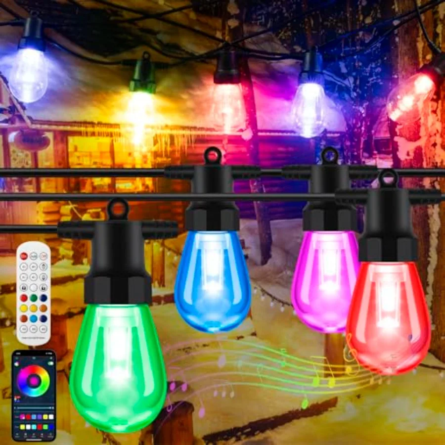50ft Outdoor String Lights Color Changing - Patio Lights Outdoor Waterproof with 20 Dimmable RGBW Bulbs, Shatterproof, Music Mo