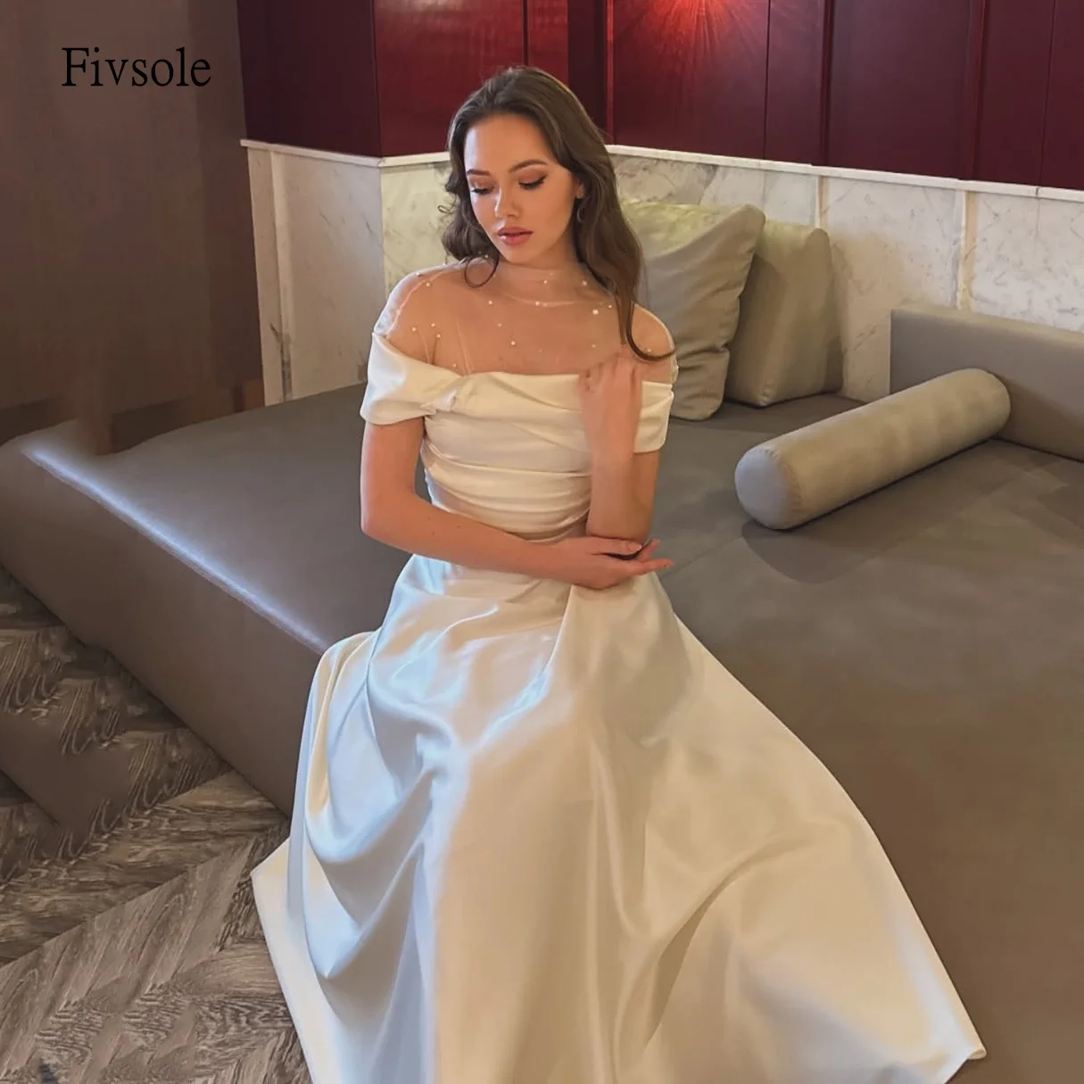 

Fivsole Modern Pearl High Neck A Line Wedding Dress Bow Off The Shoulder Bride Dresses Floor Length Wedding Gowns Customized