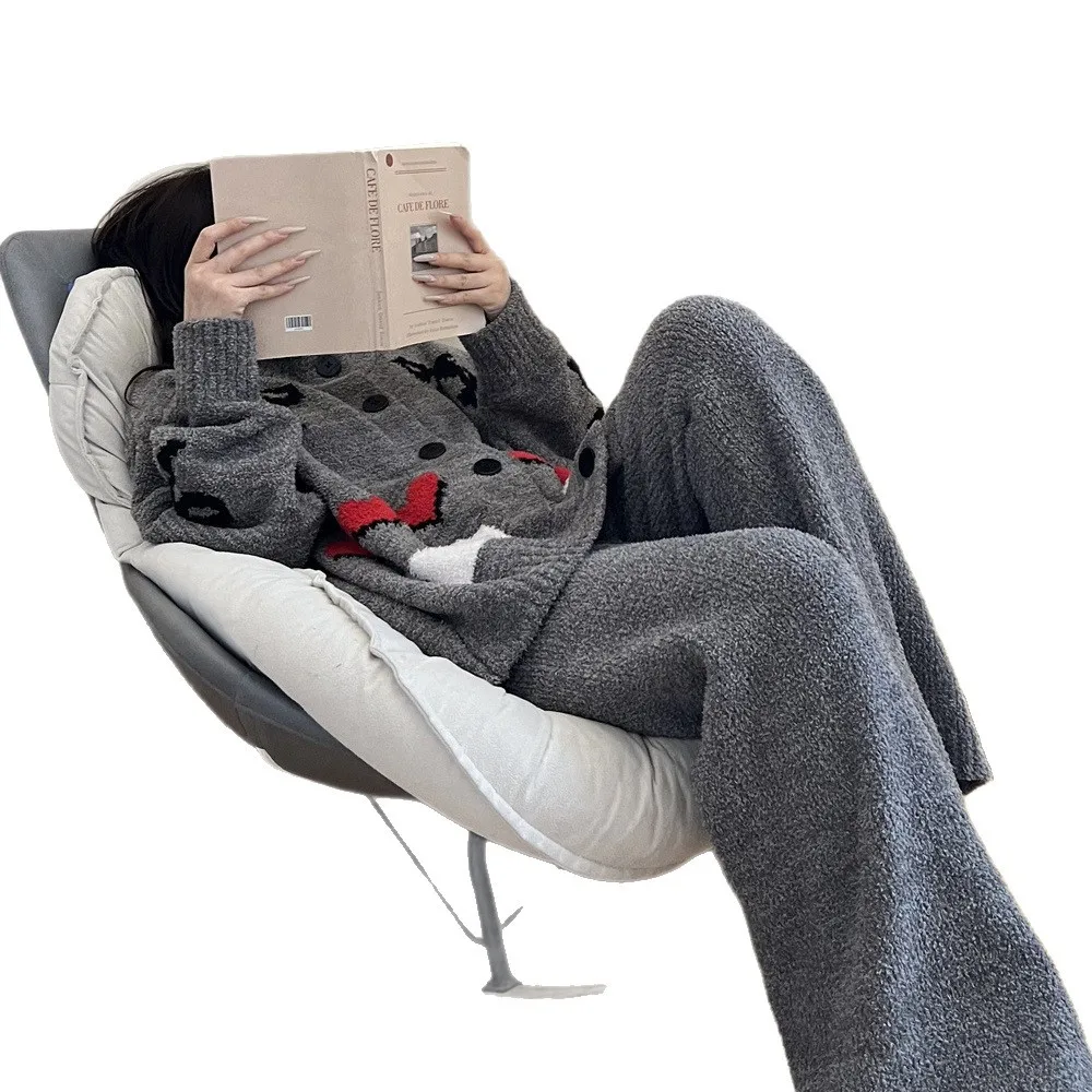 Damski zestaw piżamowy z grafiką retro serca, zimowy, gruby, ciepły, polarowy, miękki, pluszowy strój do spania, szary strój domowy, odzież nocna, 2026