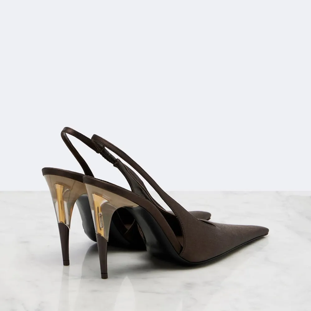 Women Satin Pointed‑Toe Stiletto Pumps with Clear Heel, Elegant Back Strap Dress Heels for Formal Dating Club Occasions view 3