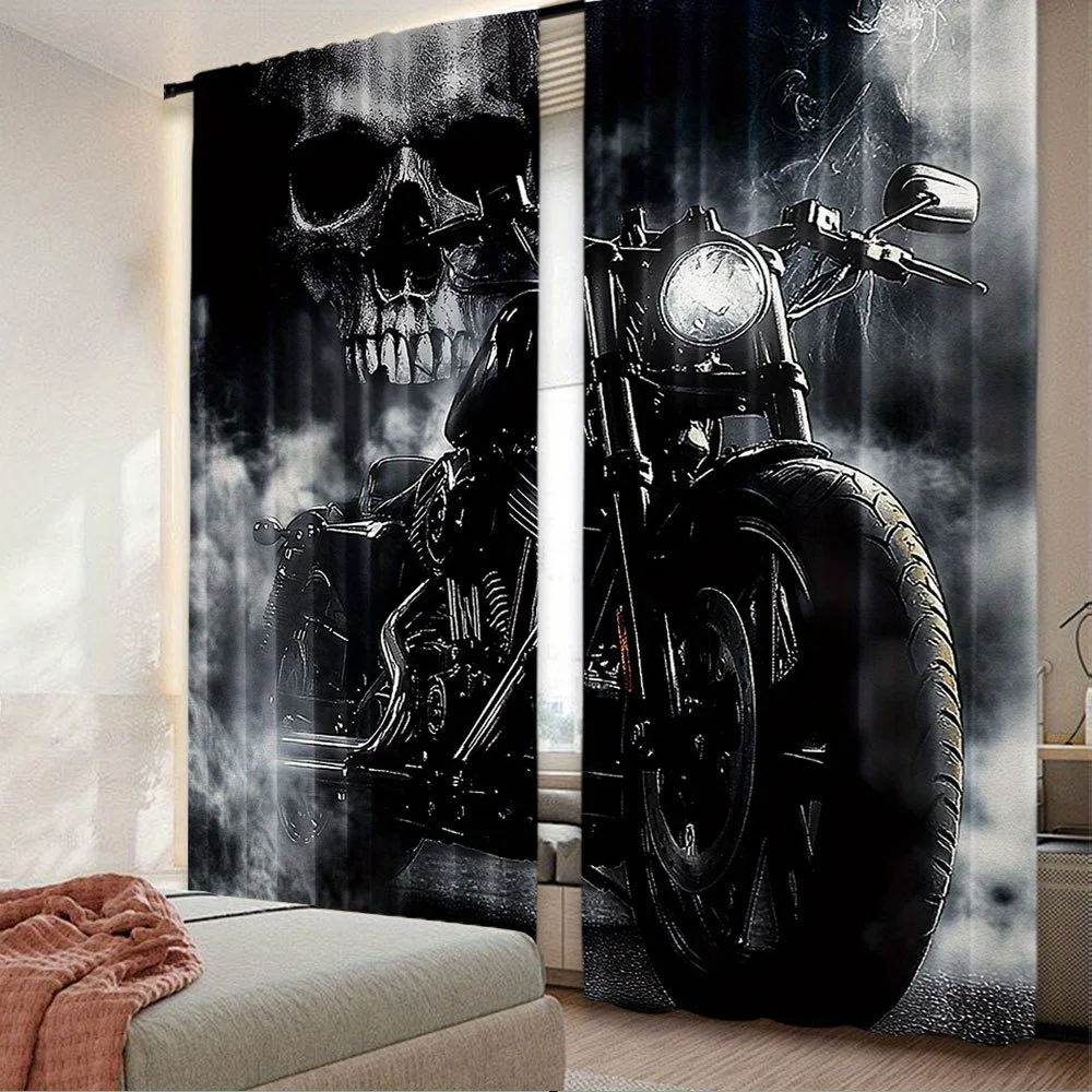 Motorcycle Rider Curtains 2pcs, Skull Mist Design Extreme Sport Theme Polyester Machine Washable for Bedroom Living Room Decor