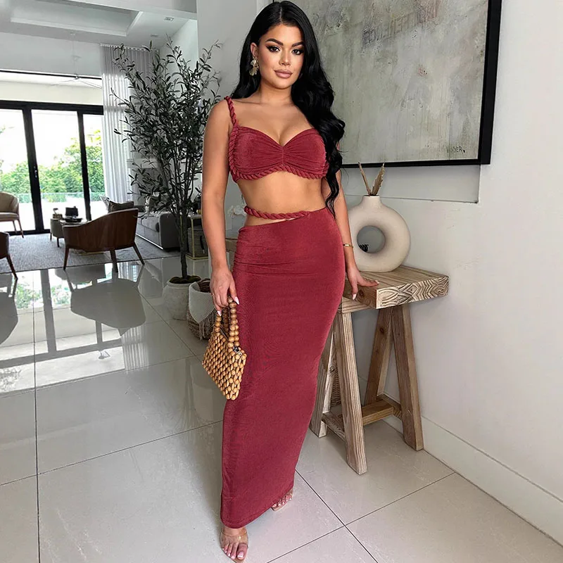 

Сексуальное вечернее платье для ночного клуба, женские комплекты из двух предметов на день рождения, укороченный топ на тонких бретельках и длинная юбка, новые одинаковые комплекты