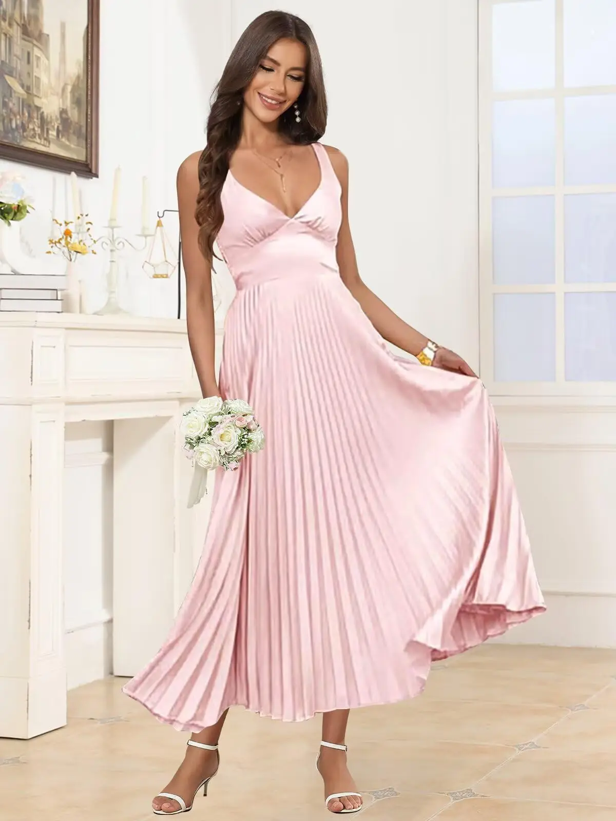

Pleated Satin Bridesmaid Dresses V-Neck Backless Formal Maxi Dress for Women