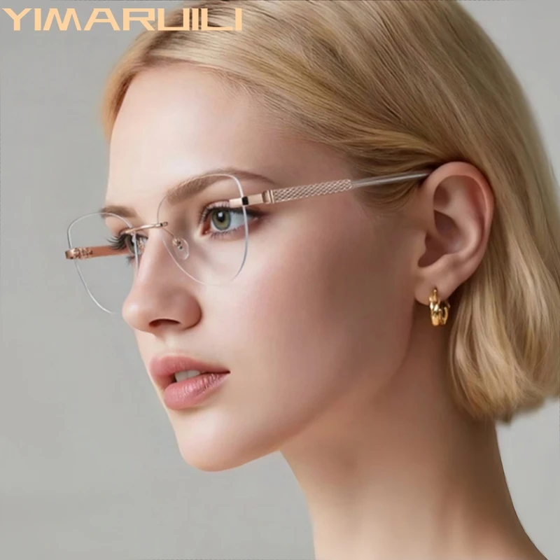 

YIMARUILI Retro Trendy Women Cat Eye Rimless Glasses Ultra Light High Quality Alloy Retouch Face Optical Eyeglasses Frame 91709