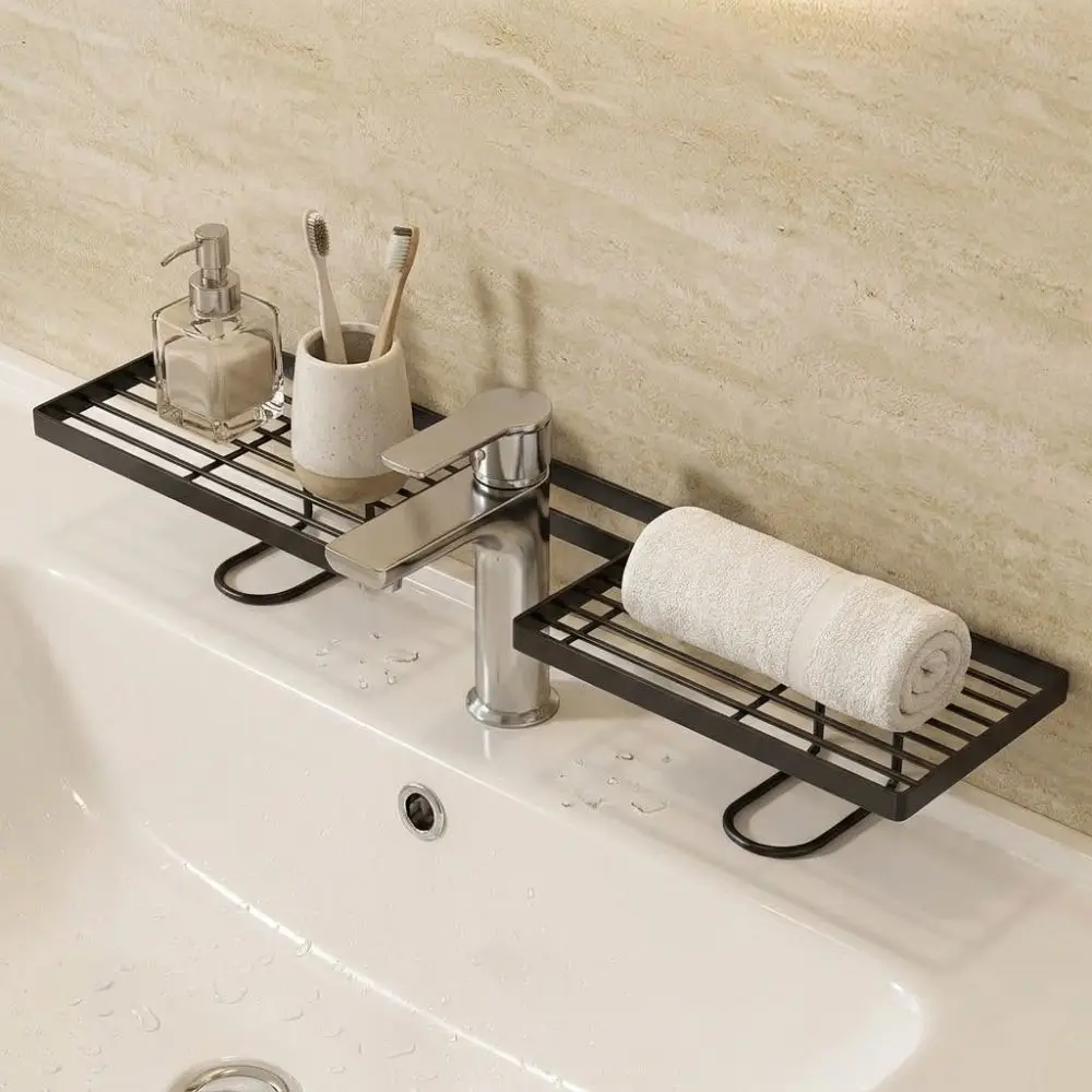 

Water Drainage Bathroom Storage Rack Carbon Steel Integrated Faucet Storage Shelf Stable Mesh Design Sink Drying Rack Washstand
