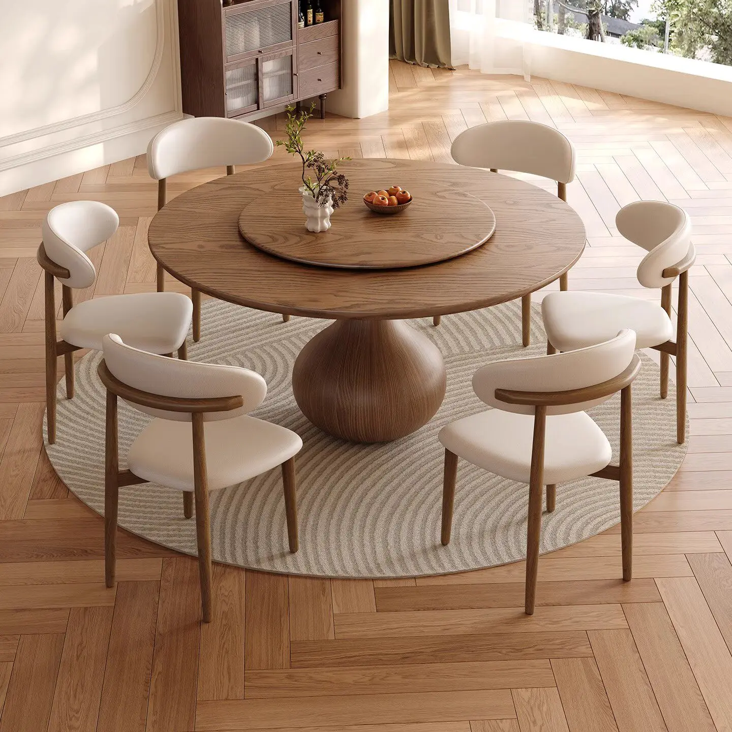 #Vintage Style French Retro Solid Wood Round Dining Table And Chair Set With Turntable Walnut Finish