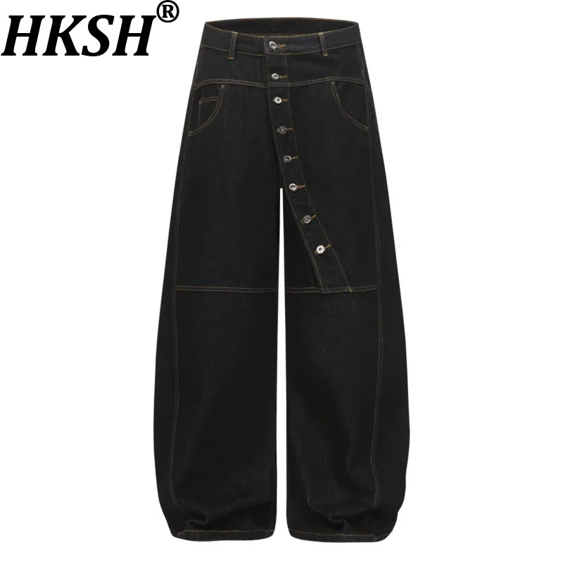 HKSH Autumn New Men Tide Jeans Hip-Hop Trendy Design Diagonal Button Open Front Unique Niche Loose Wide-Leg Denim Pants HK17826