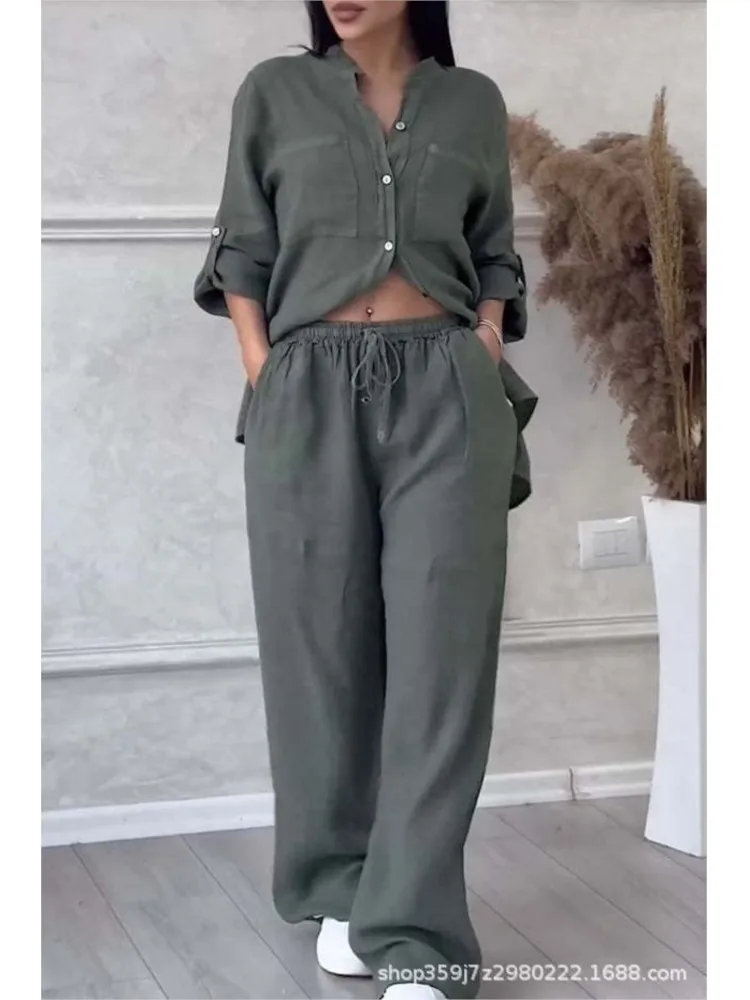 Women Two Piece Sets Spring Autumn Casual Long Sleeve Pocket Shirts 2 Piece Set Fashion Loose Wide Leg Pants Suit Outfites