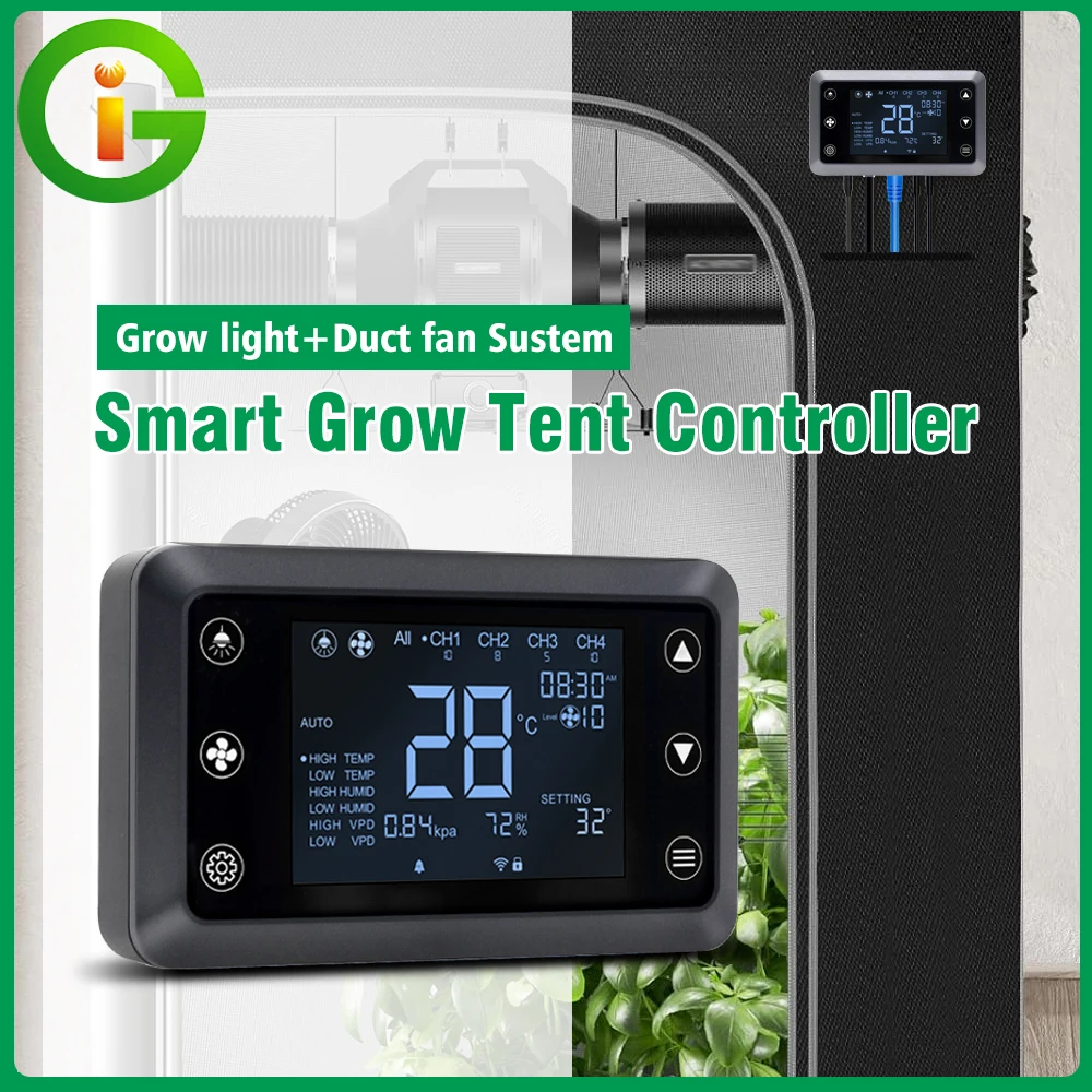 Intelligenter LED-Grow-Zelt-Lichtsteuerungscomputer, 4-Kanal dimmbares Grow-Light- und Abluftventilator-System, einfache Installation für 4 Geräte, Innenbereich