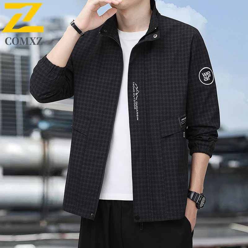 

2025 Spring New Men Jacket Trend Versatile Checkered Striped Windproof Sports Zipper Cardigan Windbreaker Outdoor Casual Jacket