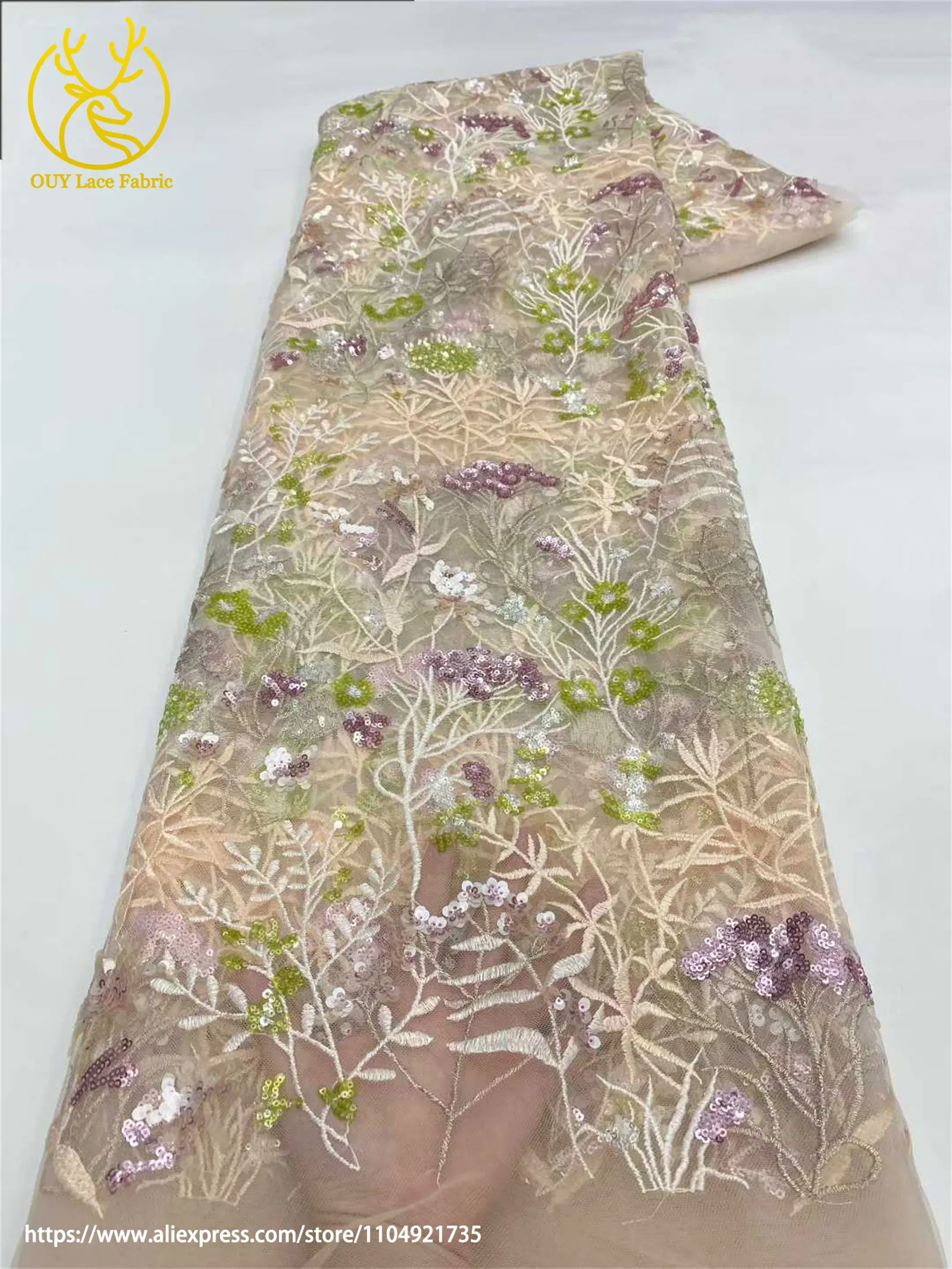 2026 Afrikanischer bestickter Tüll-Spitzenstoff, 5 Yards, hochwertiger nigerianischer Pailletten-Spitzenstoff für Damen-Abendkleider – Detail 13