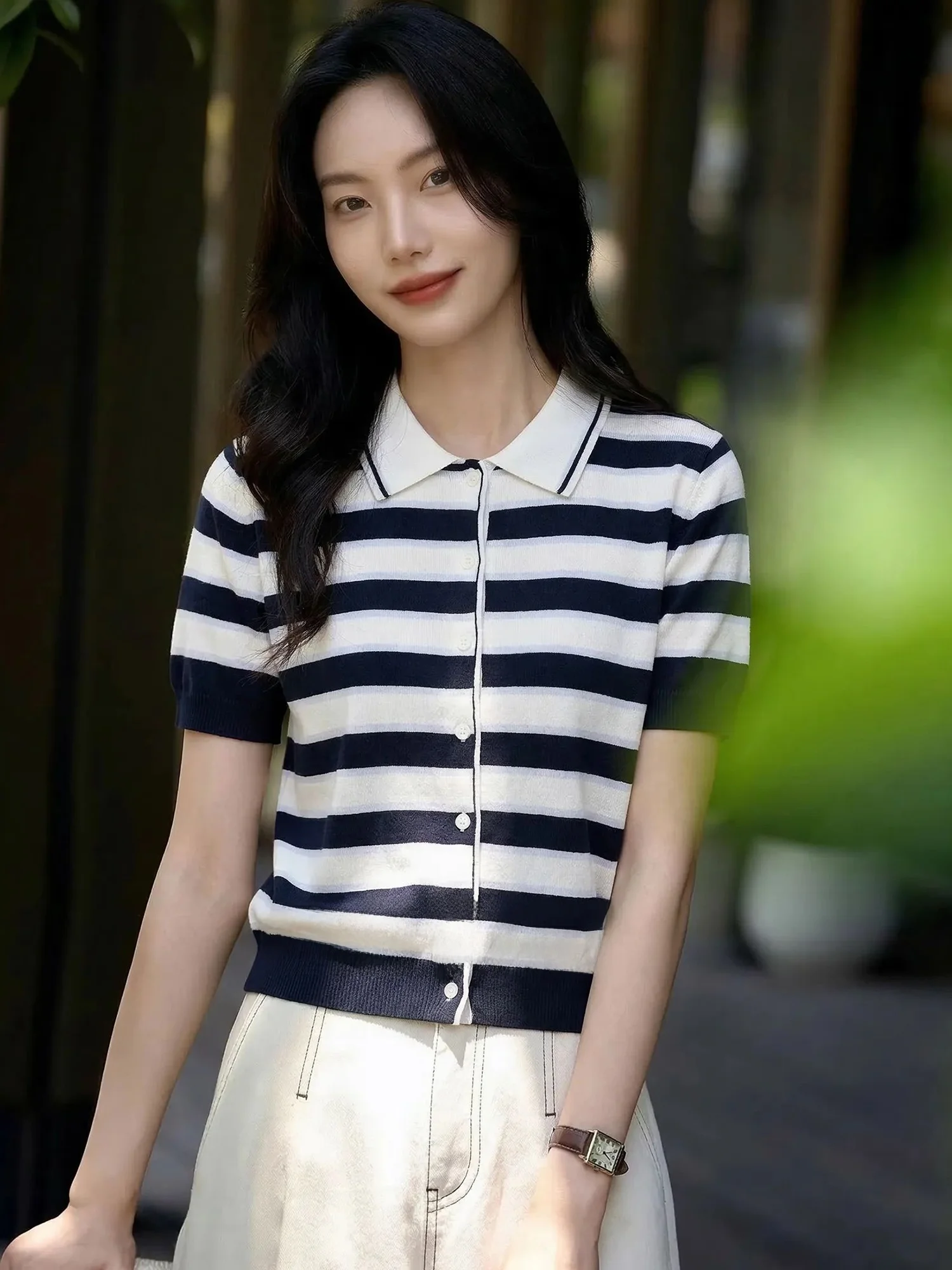

Chivirin Summer Slim Fit Neck Short Sleeve Knitted Cotton Blend Striped Women's Top Casual Comfortable High-End Feeling