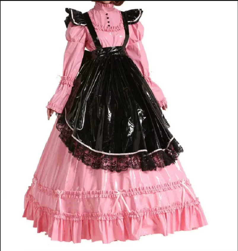 

French PVC Sissy Lockable Pink Dress Black Apron Maid Role Play Perfect Dress Custom Lockable