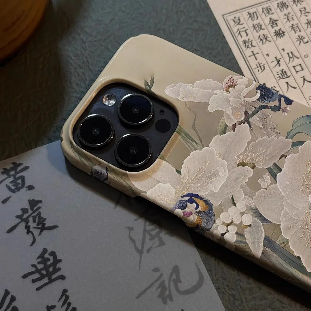 أنيقة التقليدية الصينية اللوحة رائعة زهرة بيضاء جراب هاتف آيفون 16 15 14 11 12 13 برو ماكس زائد الغطاء الخلفي