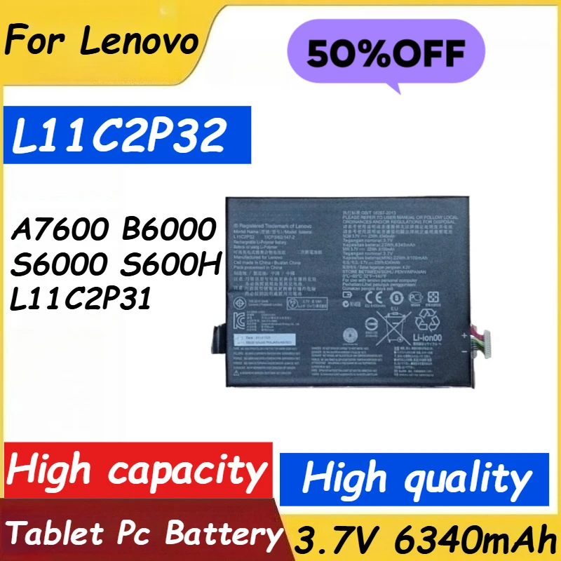 

Аккумулятор для планшета 3,7 В 6340 мАч L11C2P32 для Lenovo IdeaTab A7600 B6000 S6000 S600H L11C2P31, сменный аккумулятор, новый, высокое качество