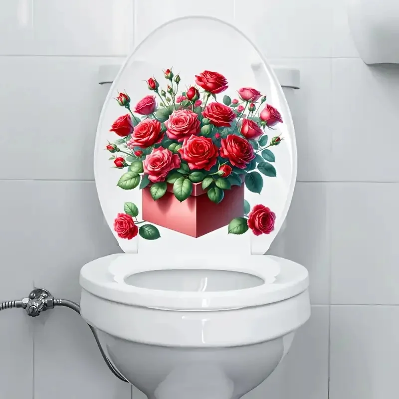 A Box of Red Roses Self-Adhesive Toilet Stickers,Wall Decal Removable, Reusable PVC Sticker for Toilet Lid, Bathroom Decor