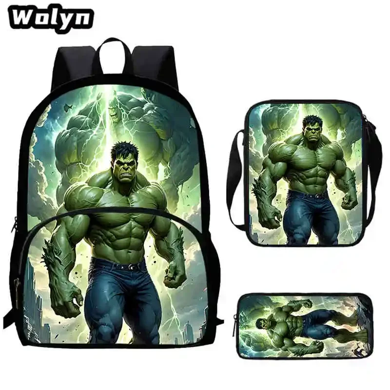 3Pcs Set Cartoon Superhero Hu-Lk School Backpack,Shoulder Bags,Pencil Bags for 4-8 Years Old Cartoon School Bags for Boys Girls