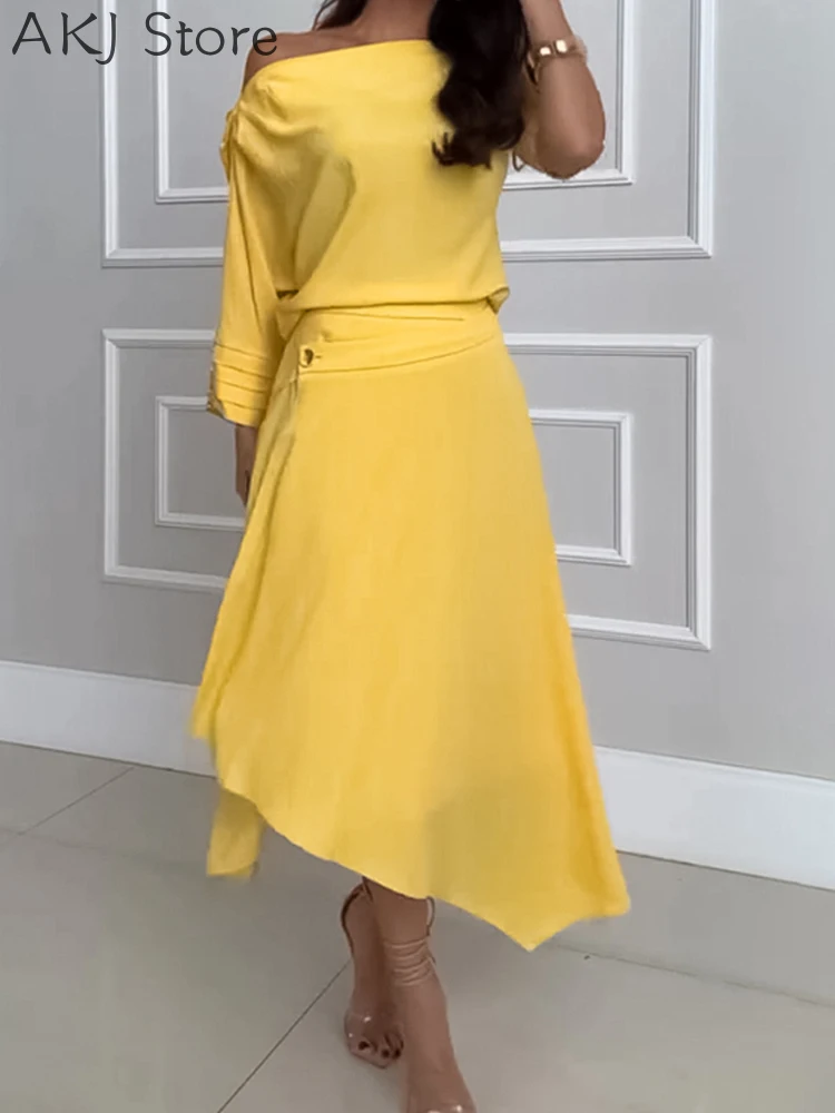 

2 Piece Outfits Button Decor Top and Asymmetrical Hem Swing Skirt Set