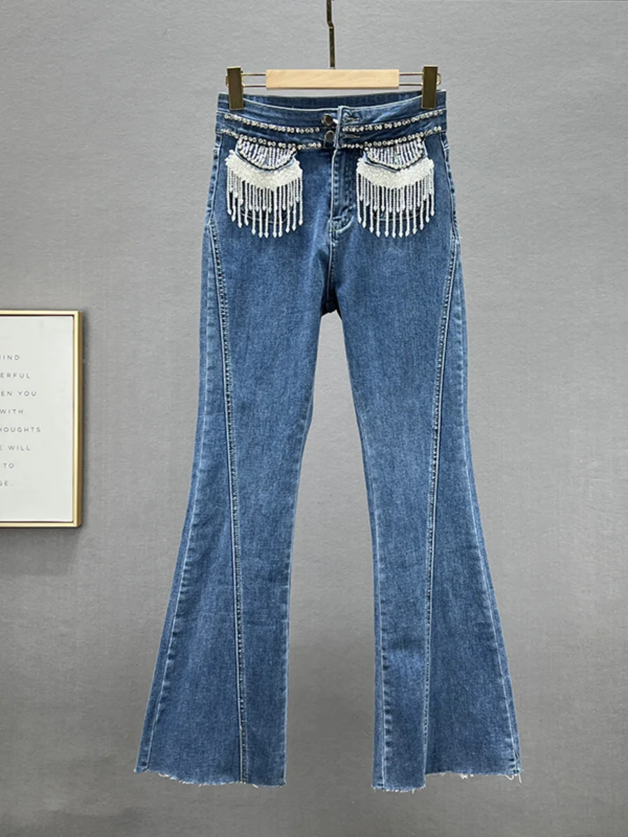 Diamond Beaded Hot Tassel Black Jeans for Women 2023 New Autumn Stretchy High Waist Slimming Blue Denim Bell-Bottom Pants Street