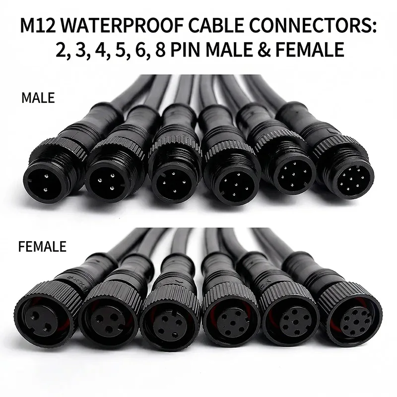 

5/20Pcs M12 Metal Waterproof IP68 2/3/4/5/6/8 Pin Power Cable Wire Plug IP68 for LED Strips Male Female Connector 20CM