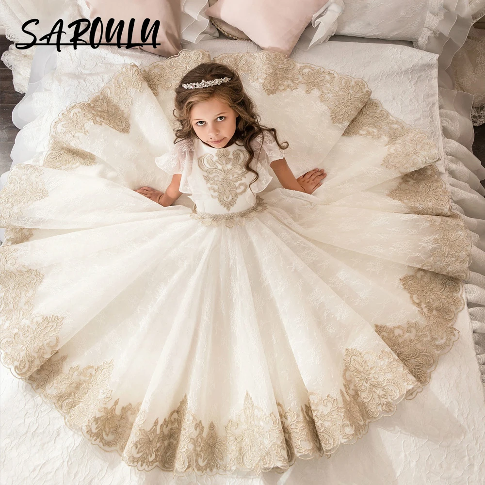 Luxury Lace Appliques Girls Formal Dress Short Sleeve Cute Flower Girls Dresses Birthday Piano Performance Child Party Gown