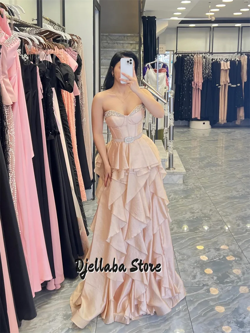 Rose Gold A Line Evening Gowns Strapless Ruffles Vestido de Gala Customized Floor Length Arabic Prom Gowns Customized