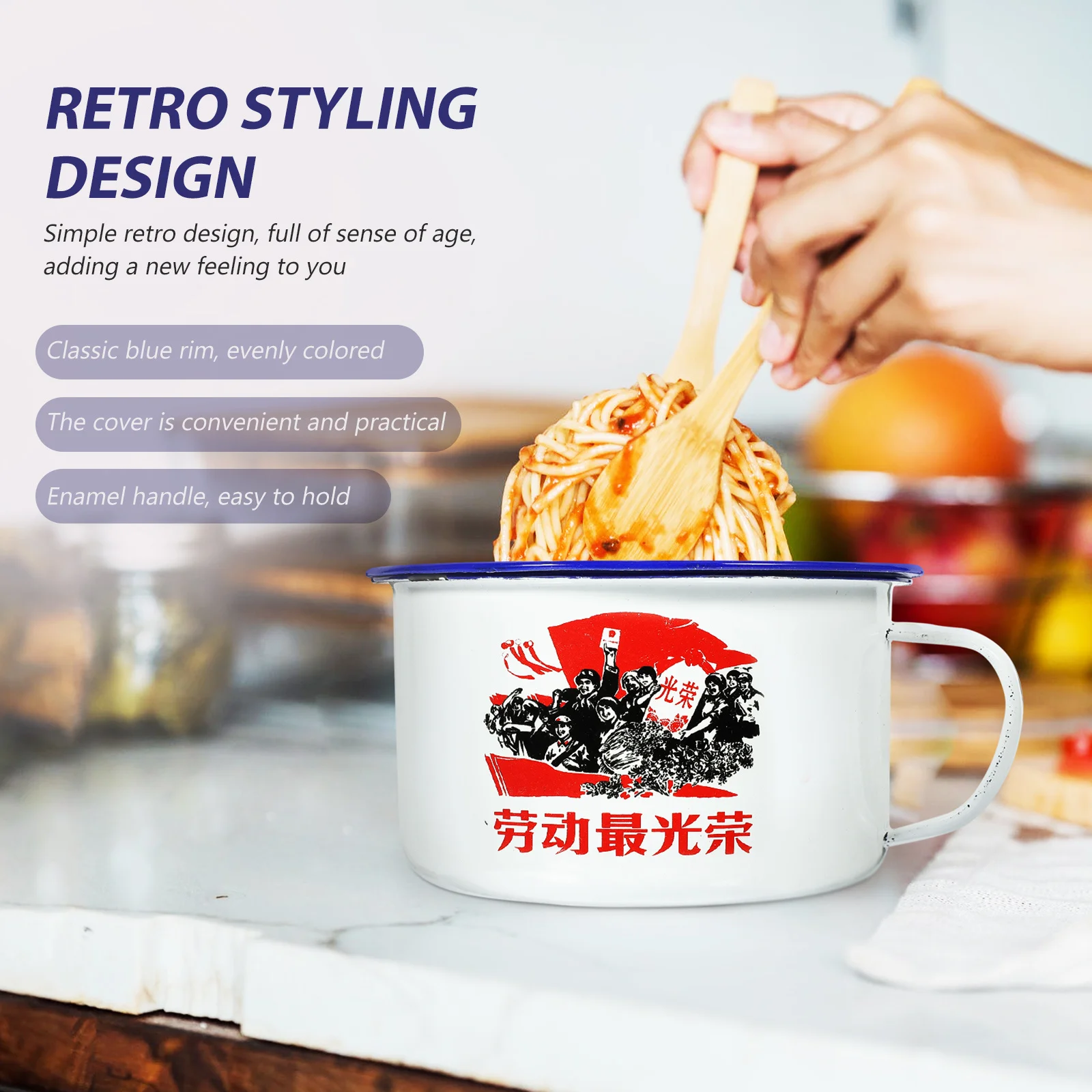 

1Set Enamel Noodle Bowl Retro Design Antirust Kitchen Decoration Handle Multiuse Lunch Accessory Food Bowl