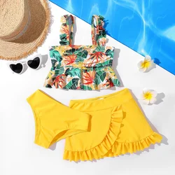 PatPat 3pcs Kid Girl Floral Print Ruffled Swimsuit Suitable for Summer Season Soft and Comfortable  Perfect for Outings