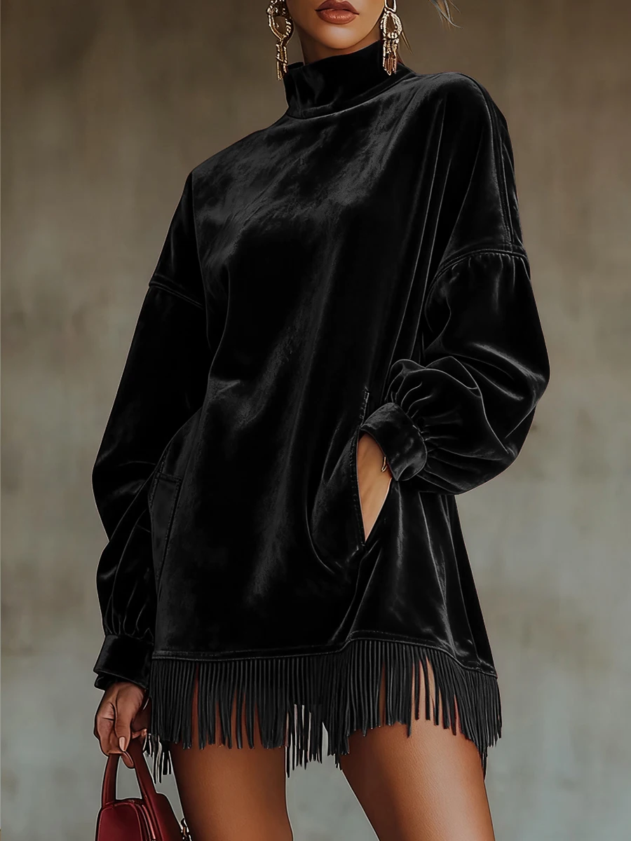 المرأة المخملية شرابة هيم فستان قصير جيوب الياقة المدورة فضفاضة شيك فانوس كم الصلبة عادية أنيقة الخريف خمر فستان