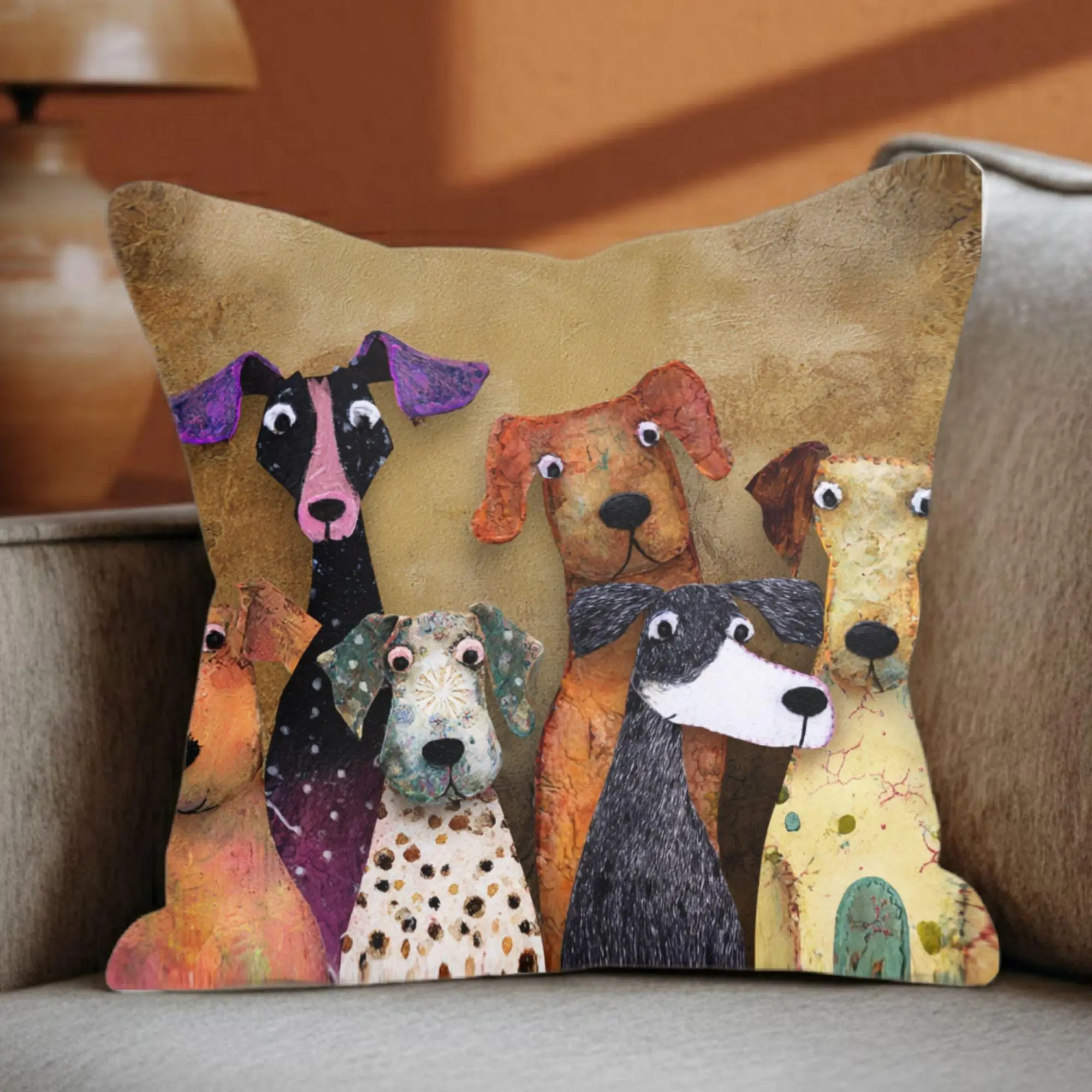Playful Dog Buddies Art Pillow Cover, Cute Mixed Breed Dog Cushion Case, Colorful Home Decor for Pet Lovers, Vibrant Animal