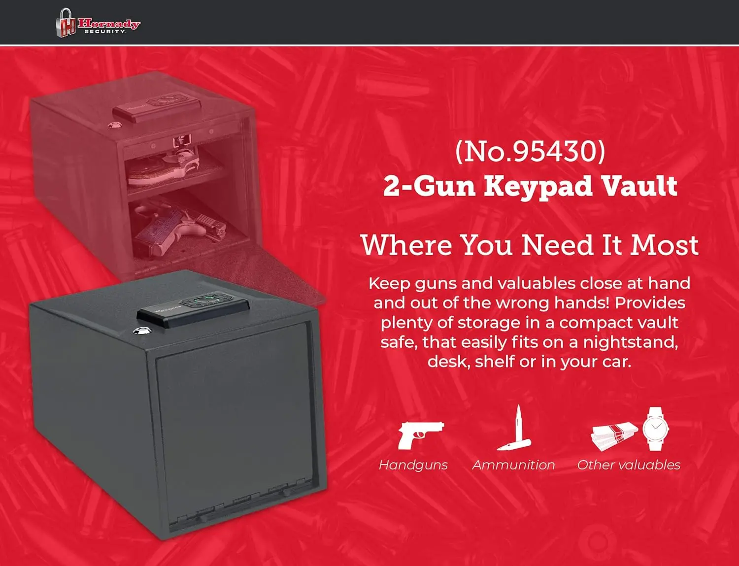 2 Handgun Vault Safe with Keypad Entry – Secure Your Firearms and Valuables – 4-6 Keypad Entry, Interior Light and Backup Keys –