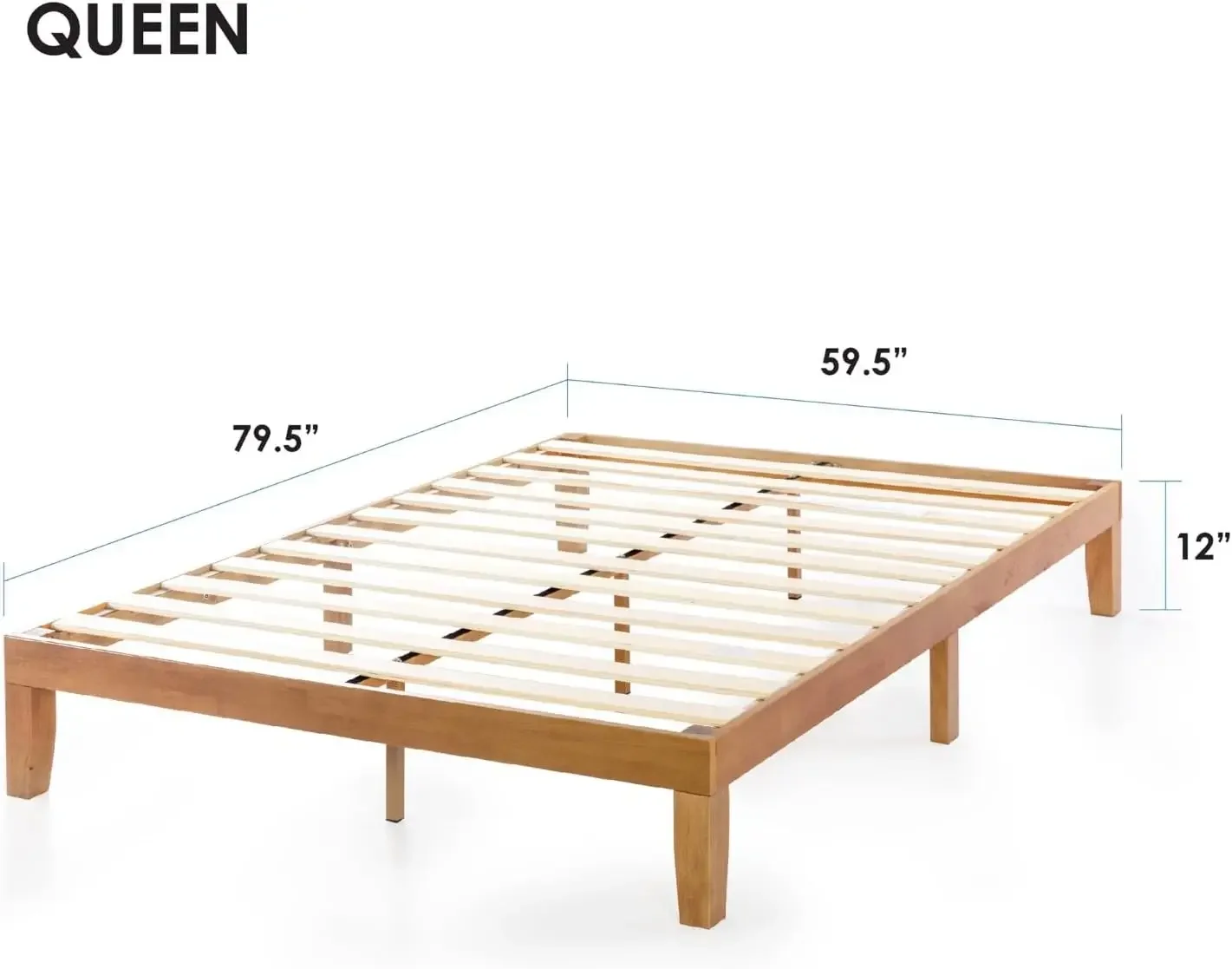 12 Inch Solid Wood Platform Bed with Wooden Slats, No Box Spring Needed, Easy Assembly, Queen, Pine