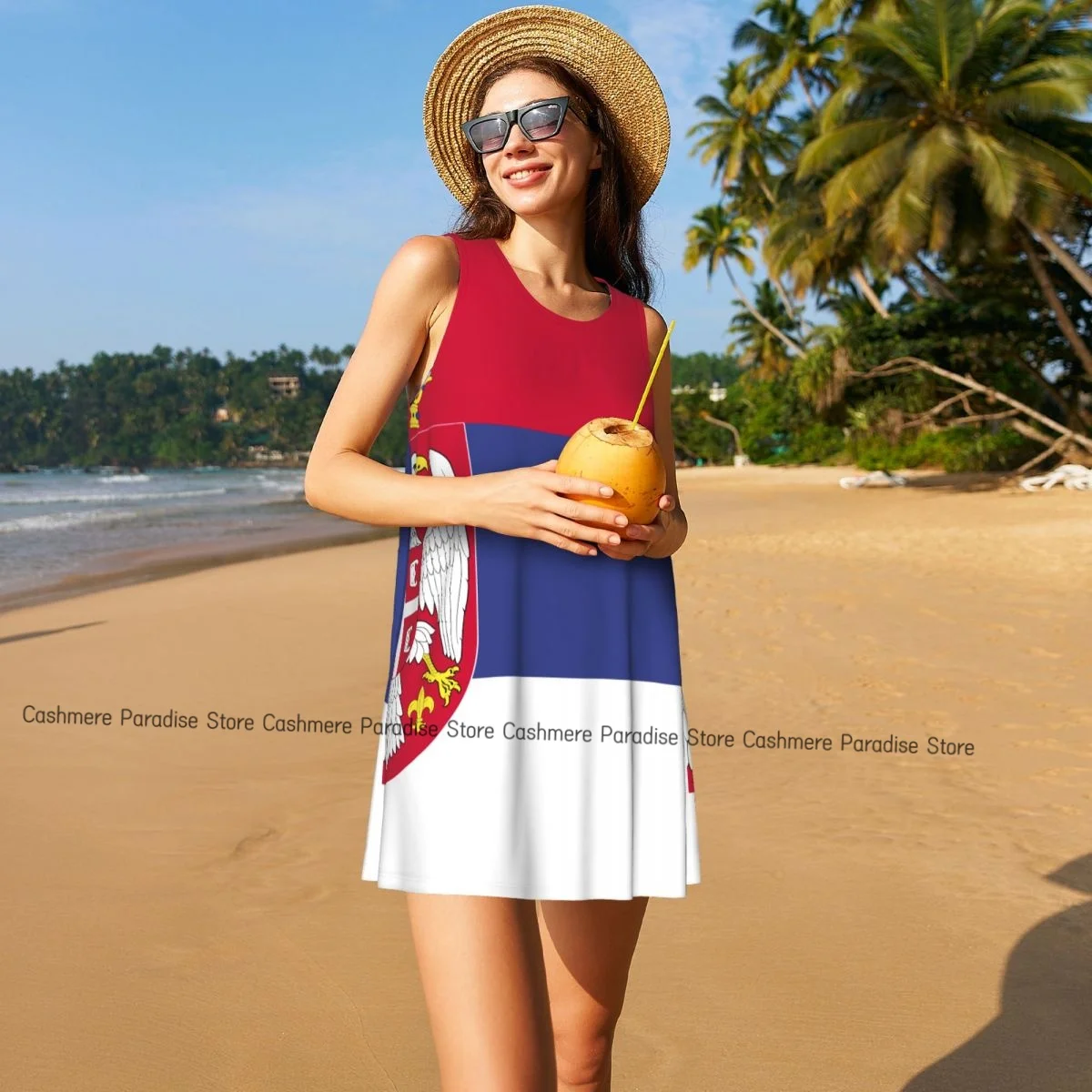 Women Casual Knee Women's Dress Serbian Flag O Neck Sleeveless Above Dress