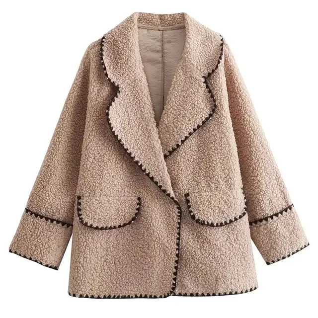 

New Women Fashion Winter Coats Lambswool Trend Surrounding V Neck Loose Cardigan Coat Woman Wild Pockets Female Jacket