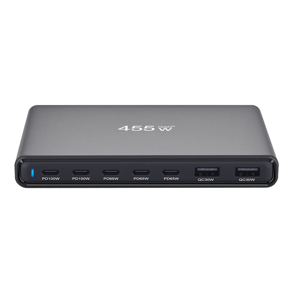 

7-Port 455W GaN Desktop Charger Ultra-Slim Multi-Port USB-C 5C2A Fast Charging Station Adapters for Phones Tablets Dropshipping