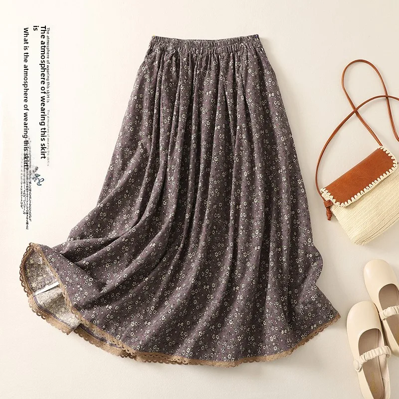 

Loose A-Line Midi Skirt with Pleats Floral Print Cotton Linen f-length Summer Spring New Artistic Sle Women's Skirts