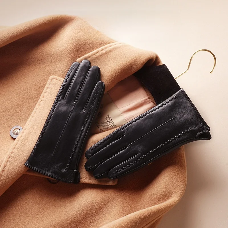 ラムスキン本革手袋女性用厚みのあるタッチスクリーン運転サイクリング冬暖かいファッショナブルな指なし手袋