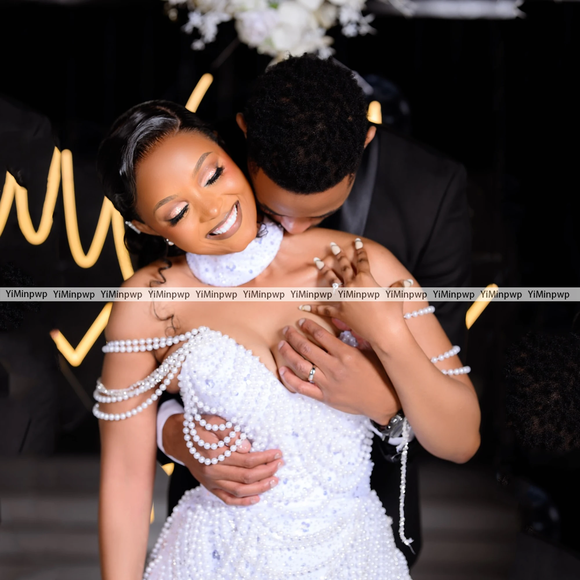 Robe de mariée sirène personnalisée, Sexy, col en v, épaules dénudées, paillettes, robes de mariée personnalisées