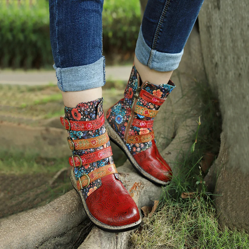 Socofy Raffan Stivali da donna casual piatti comodi floreali retrò