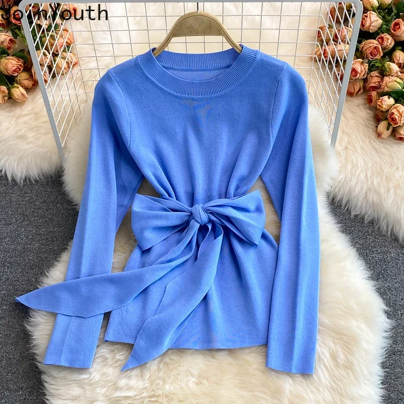 Korean Women Clothing Two Piece Sets Knitted Bandage Pullovers High Waist Gauze Embroidery Floral Skirt Suit Vintage Chic Set