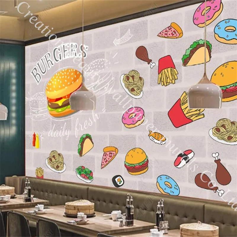 Kertas dinding latar belakang dinding bata Hamburger Eropa dan Amerika kertas dinding 3d dekorasi dinding Restoran Makanan Cepat kertas dinding Mural berperekat